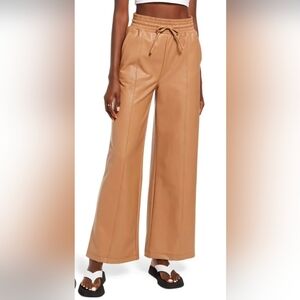 Open Edit Faux Leather Tan Wide-Leg Women's Pants, Small